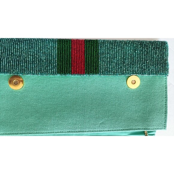 Seed Bead Clutch Bag Blue Red Green Gold Chain Detachable Strap Snap Close - Picture 10 of 10